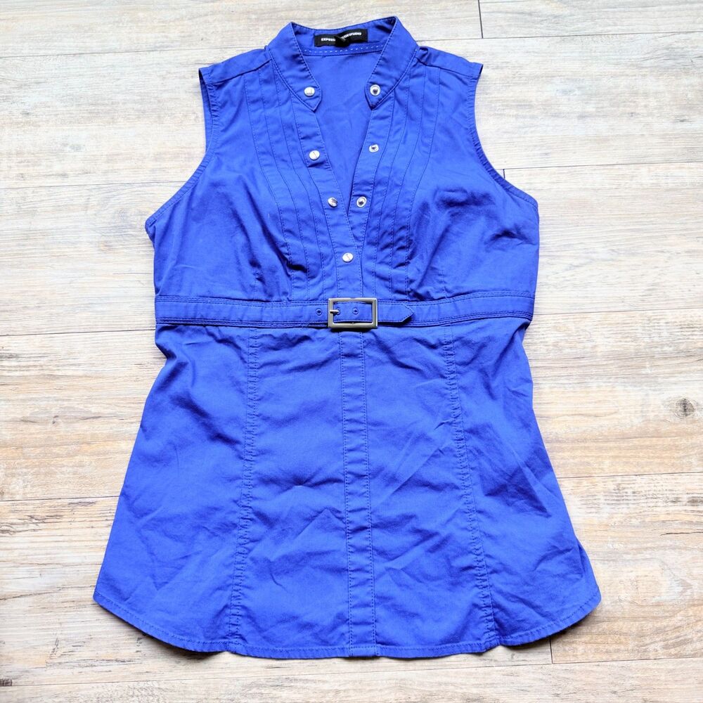 Vintage Y2K Express Design Studio Blue Belted Tunic Top XS Mod Snap Front
